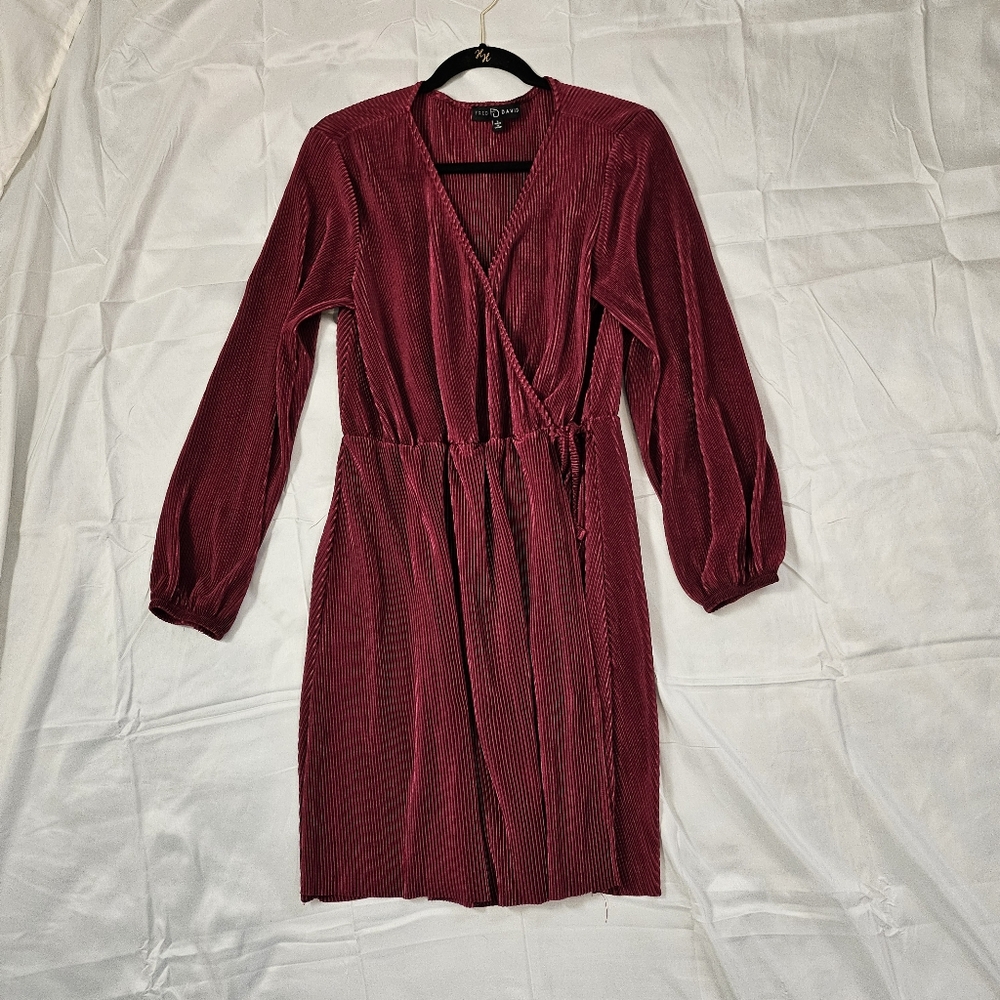 Red Knee Length Wrap Dress with Bishop Sleeves